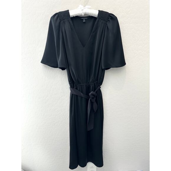 BANANA REPUBLIC | Black Midi Dress Flutter Sleeve V-Neck | Size Small Tall - Picture 1 of 7